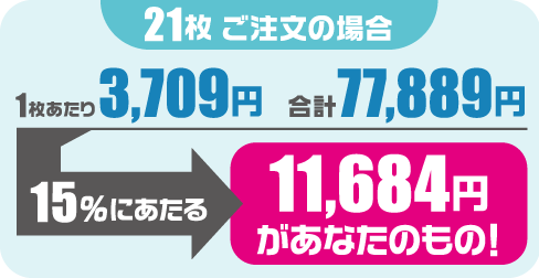 21枚ご注文の場合 1枚あたり3,709円 合計77,889円 15%にあたる11,684円があなたのもの!