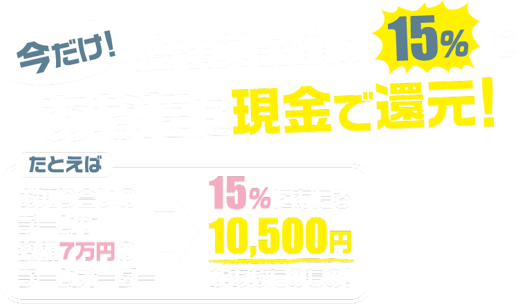 今だけ！総注文金額の15％をあなたに現金で還元！