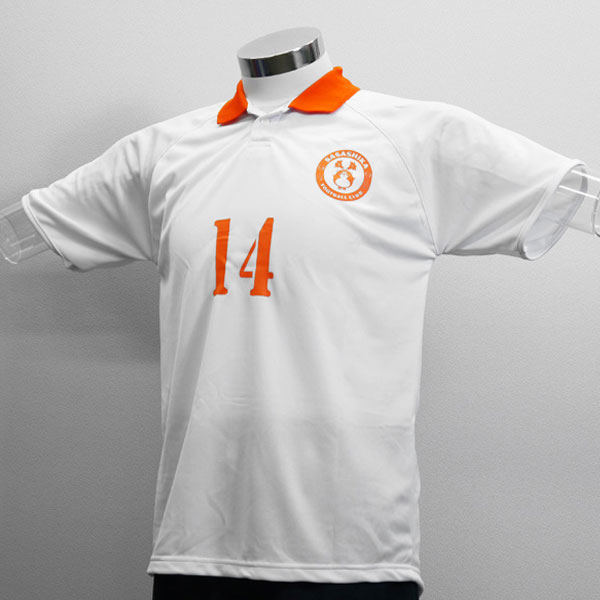 シンプルな白ボディーと橙の襟 セミオーダーユニフォーム No 0219 デザイン例 激安オーダーサッカーユニフォーム フットサルユニフォーム 作成のv Eleven